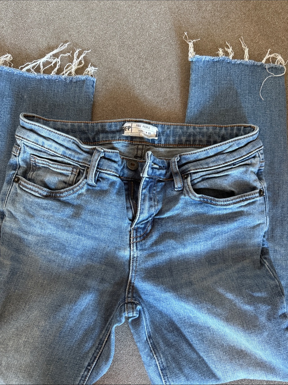 Free People Skinny Jeans — Medium Blue Wash with Frayed Hem